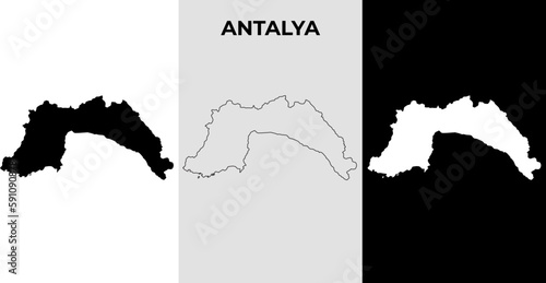 Map of Antalya, Turkey region outline silhouette vector illustration, scribble sketch City of Antalya map
