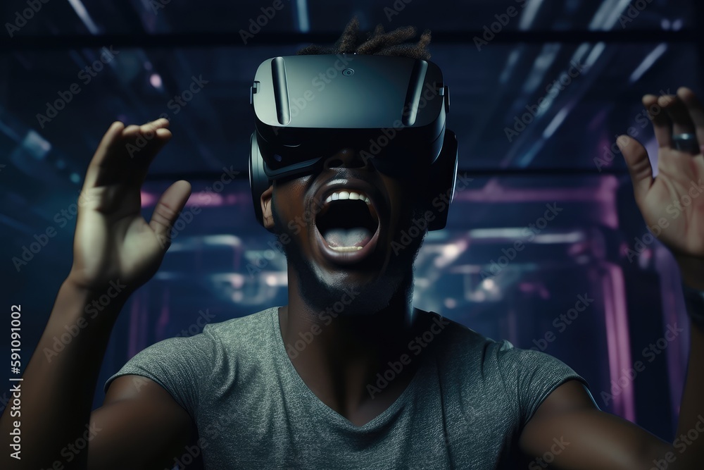 A young guy is wearing virtual reality glasses or VR head set and playing in virtual reality A young guy is wearing virtual reality glasses or VR head set and playing in virtual reality