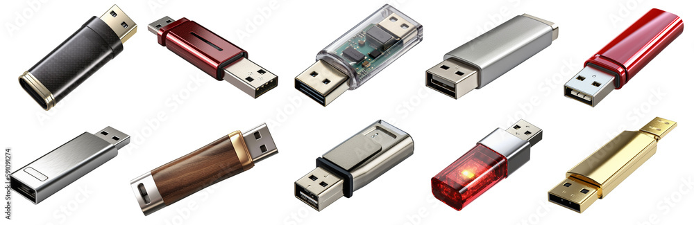 Ten USB sticks of different sizes, shapes and colors on a transparent background, Generative AI Ten USB sticks of different sizes, shapes and colors on a transparent background, Generative AI