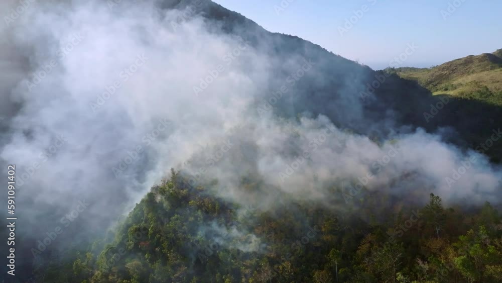 Aerial view around a large forest fire burning and smoking in the sunny moúntains Aerial view around a large forest fire burning and smoking in the sunny moúntains