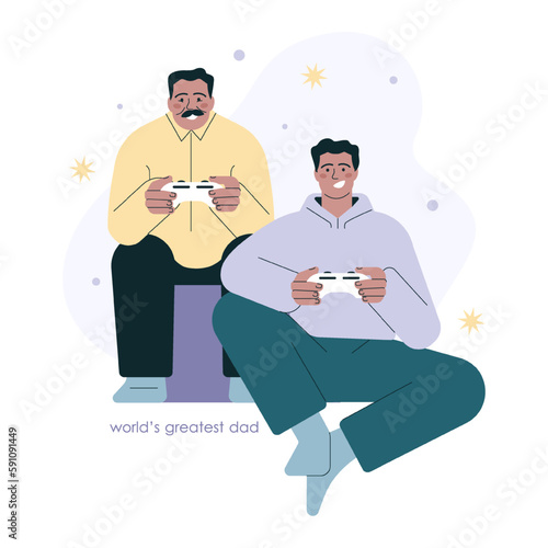 Happy Father's Day. Senior dad and his teen soon playing videogames