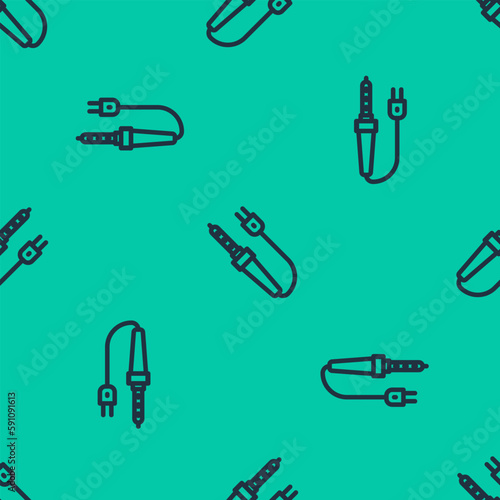 Blue line Soldering iron icon isolated seamless pattern on green background. Vector