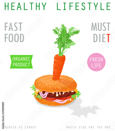 Healthy and unhealthy food. Burger stabbed with carrots. Lifestyle concept the choice between fast food and healthy products. Vector poster