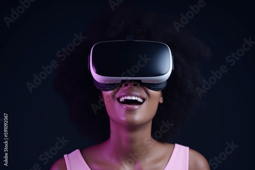 Girl is wearing virtual reality glasses or VR head set and playing in virtual reality