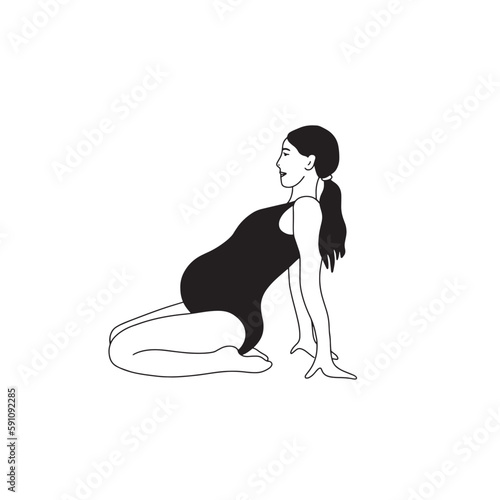 Pregnant woman doing yoga exercise. Asana for health and body relaxation. Hand drawn illustration isolated on white background.