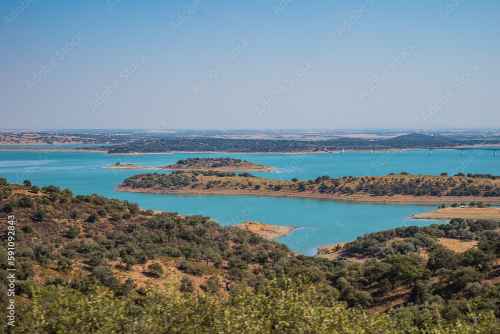 Blurred leaves due to movement and hill with trees next to Alqueva dam with bridge in the background, Alentejo PORTUGAL