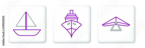 Set line Hang glider, Yacht sailboat or sailing ship and Cargo icon. Vector