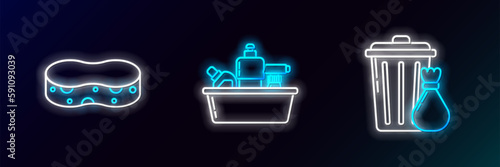 Set line Trash can and garbage bag, Sponge and Plastic bottles for liquid dishwashing liquid icon. Glowing neon. Vector