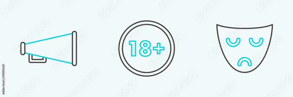 Set line Drama theatrical mask, Megaphone and Under 18 years icon. Vector Set line Drama theatrical mask, Megaphone and Under 18 years icon. Vector