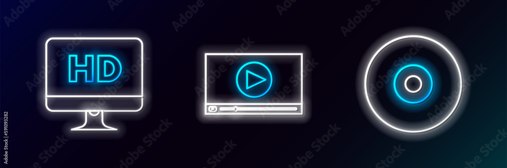 Set line CD or DVD disk, Computer PC monitor with HD video technology and Online play icon. Glowing neon. Vector Set line CD or DVD disk, Computer PC monitor with HD video technology and Online play icon. Glowing neon. Vector