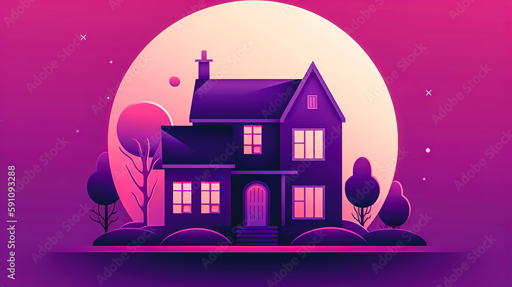 House with glowing windows at night, creative illustration, generative AI. House with glowing windows at night, creative illustration, generative AI.