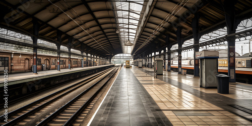 Very detailed image of deserted platform at an empty modern railway station, strike concept, , AI generated photo