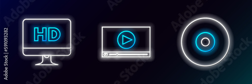 Set line CD or DVD disk, Computer PC monitor with HD video technology and Online play icon. Glowing neon. Vector