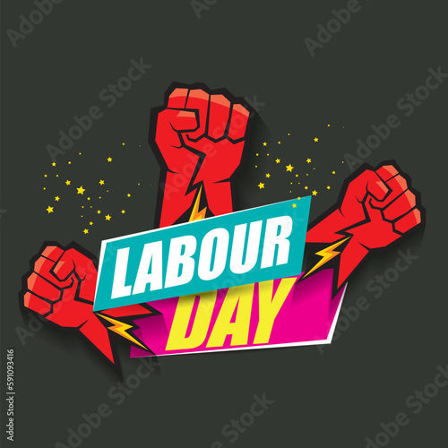 1 may Happy labour day vector label with strong protest fist in the air on grey background. vector happy labor day background or banner with man hand. workers may day poster