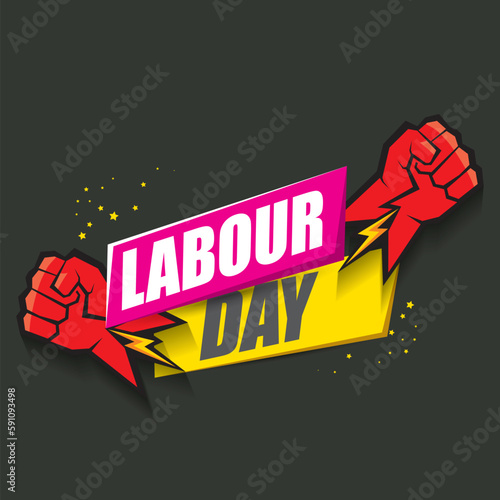 1 may Happy labour day vector label with strong protest fist in the air on grey background. vector happy labor day background or banner with man hand. workers may day poster