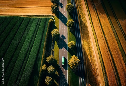 Aerial view of empty intercity road between green agricultural fields. Top view from drone of highway roadway. Generative AI