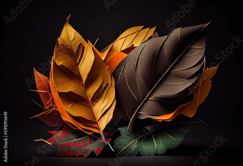 Folded Paper art origami. Seasonal autumn Leaves on a dark background. 3D illustration. Generative AI
