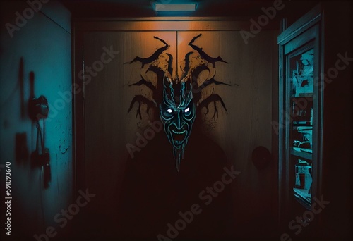 A horror concept of a demon with glowing eyes. Looking out from a bedroom cupboard. With a grunge edit. Generative AI
