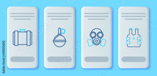 Set line Hand grenade, Gas mask, Military ammunition box and Bulletproof vest for protection from bullets icon. Vector