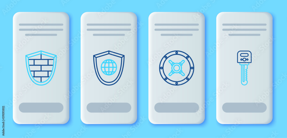 Set line Shield with world globe, Safe, cyber security brick wall and Key icon. Vector