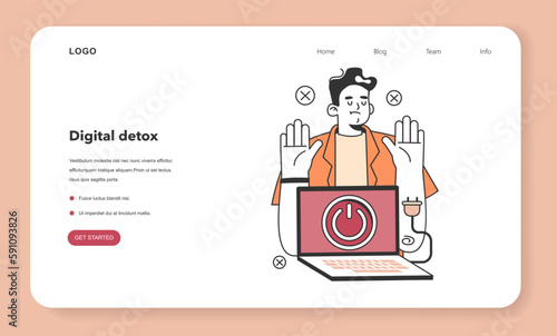 Digital detox web banner or landing page. Character taking a break from
