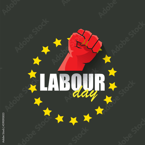 1 may Happy labour day vector label with strong protest fist in the air on grey background. vector happy labor day background or banner with man hand. workers may day poster