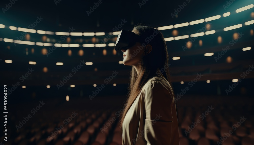 A woman wearing VR set, stands in front of a large auditorium and enjoy the concert A woman wearing VR set, stands in front of a large auditorium and enjoy the concert