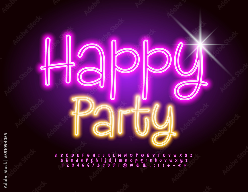 Vector funny poster Happy Party. Playful Glowing Font. Bright Alphabet Letters and Numbers set