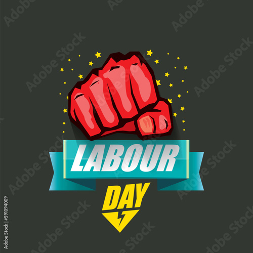 1 may Happy labour day vector label with strong protest fist in the air on grey background. vector happy labor day background or banner with man hand. workers may day poster