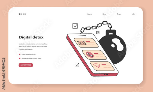 Digital detox web banner or landing page. Chained digital device.