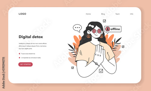 Digital detox web banner or landing page. Female character taking