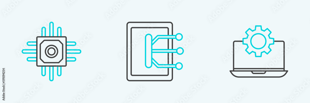 Set line Laptop and gear, Processor and Tablet icon. Vector Set line Laptop and gear, Processor and Tablet icon. Vector