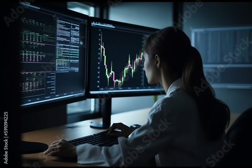 Business women in front of the computer analyzing financial charts , AI Generated