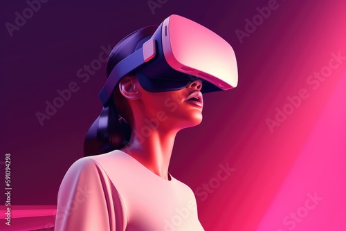 Girl is wearing virtual reality glasses or VR head set and playing in virtual reality on red background © Yury