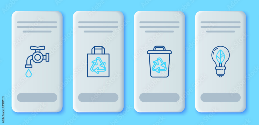 Set line Paper shopping bag with recycle, Recycle bin symbol, Water tap and Light bulb leaf icon. Vector