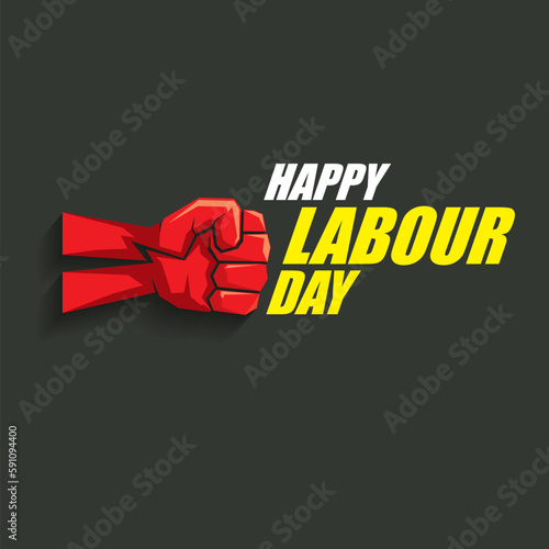 1 may Happy labour day vector label with strong protest fist in the air on grey background. vector happy labor day background or banner with man hand. workers may day poster