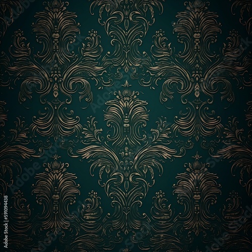 pattern with flowers, background, art deco, victorian, floral, green, gold, AI generated image, AI design, AI