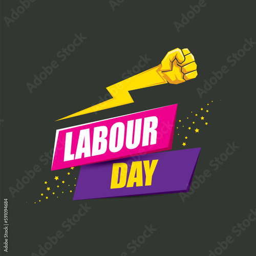 1 may Happy labour day vector label with strong protest fist in the air on grey background. vector happy labor day background or banner with man hand. workers may day poster