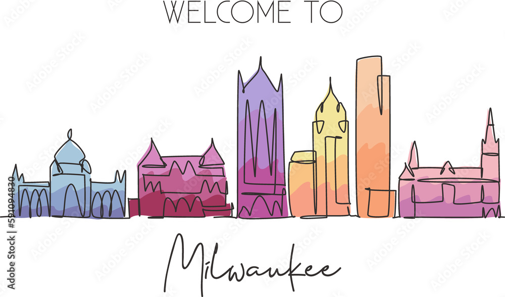 One continuous line drawing of Milwaukee city skyline, United States. Beautiful landmark. World landscape tourism and travel poster. Editable stylish stroke single line draw design vector illustration
