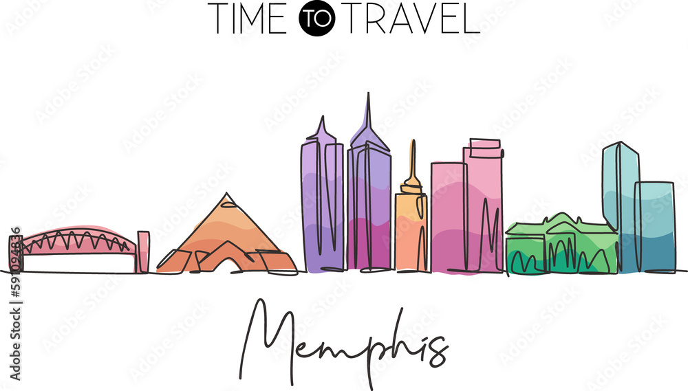 One single line drawing of Memphis city skyline, United States. Historical town landscape in the world. Best holiday destination. Editable stroke trendy continuous line draw design vector illustration