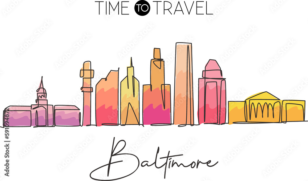 Single continuous line drawing Baltimore city skyline, United States of America. Famous city scraper. World travel concept wall decor poster print art. Modern one line draw design vector illustration