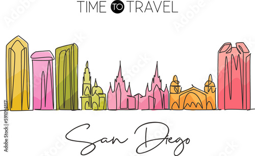 One single line drawing of San Diego city skyline, United States. Historical landscape in world. Best holiday destination poster. Editable stroke trendy continuous line draw design vector illustration