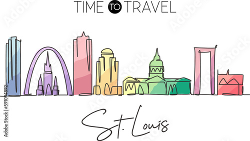 One continuous line drawing of St. Louis city skyline, USA. Beautiful landmark. World landscape tourism travel vacation wall decor art poster print. Stylish single line draw design vector illustration