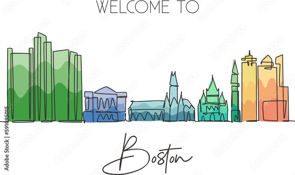 One single line drawing Boston city skyline, United States. Historical town landscape in world. Best holiday destination wall decor art. Editable trendy continuous line draw design vector illustration