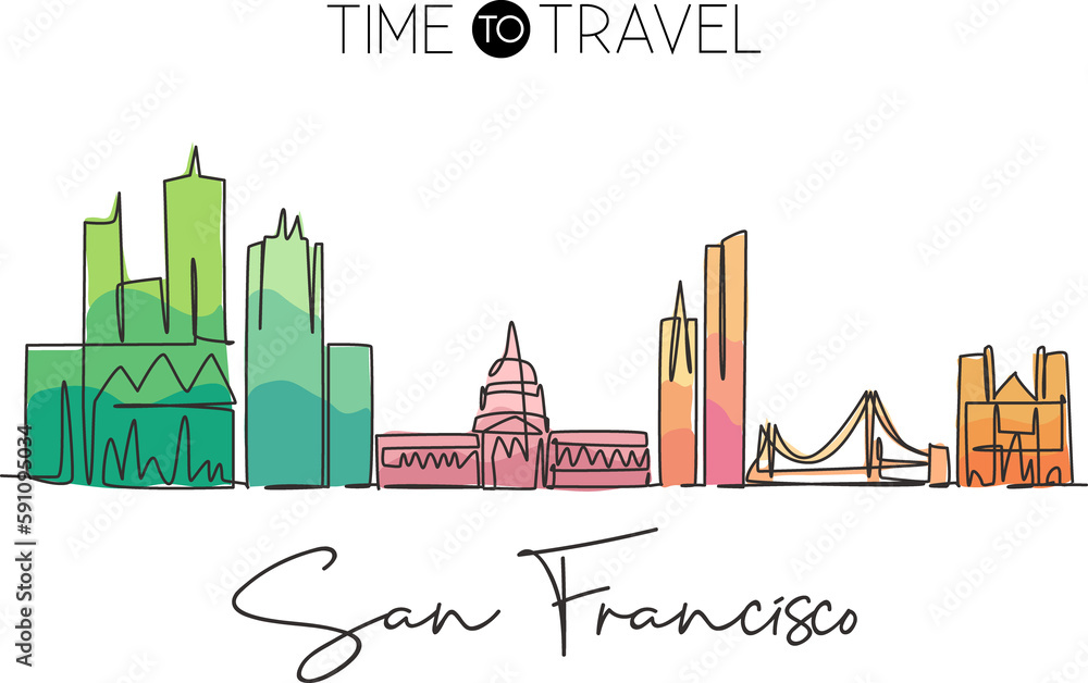 Single continuous line drawing of San Francisco city skyline, United States. Famous landscape. World travel concept home art wall decor poster print. Modern one line draw design vector illustration