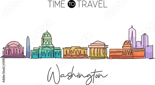 One single line drawing of Washington city skyline, United States of America. Historic landscape in the world. Best holiday destination. Editable stroke continuous line draw design vector illustration