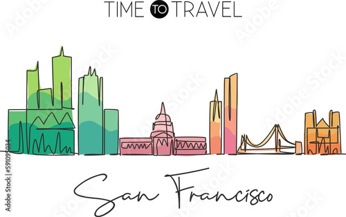 Photography Single continuous line drawing of San Francisco city skyline, United States