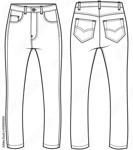 Women Straight Cut Denim Jeans Front and Back View. Fashion Illustration, Vector, CAD, Technical Drawing, Flat Drawing, Template, Mockup.	