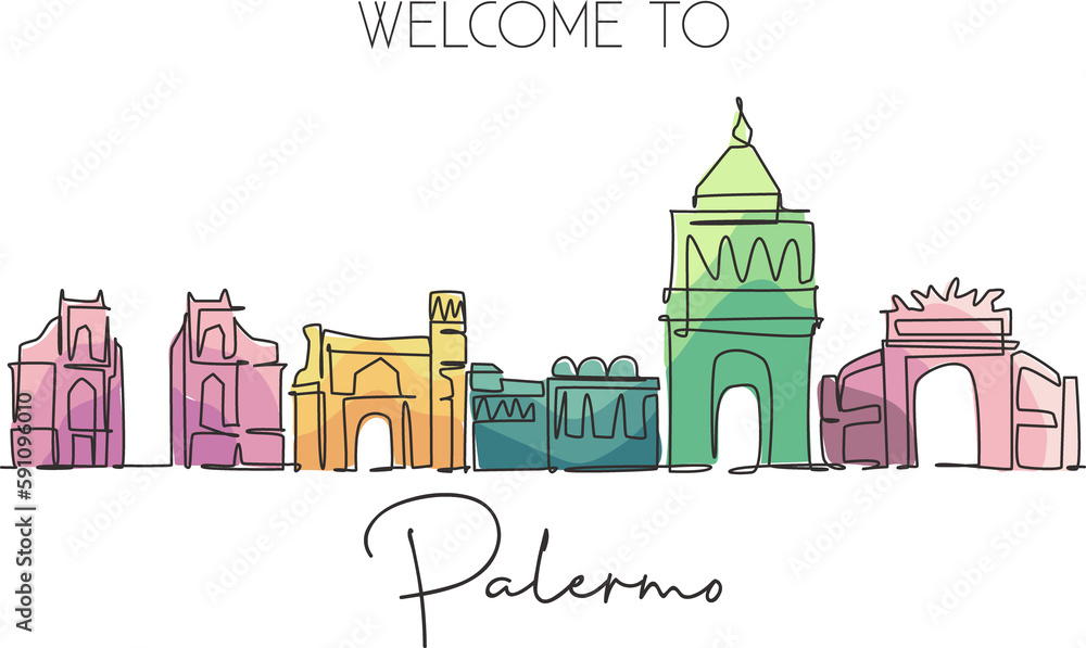 One continuous line drawing Palermo city skyline, Italy. Beautiful skyscraper. World landscape tourism travel vacation wall decor poster concept. Stylish single line draw design vector illustration