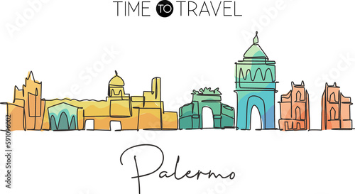 One single line drawing Palermo city skyline, Italy. Historical skyscraper landscape in world. Best holiday destination home wall decor poster. Trendy continuous line draw design vector illustration